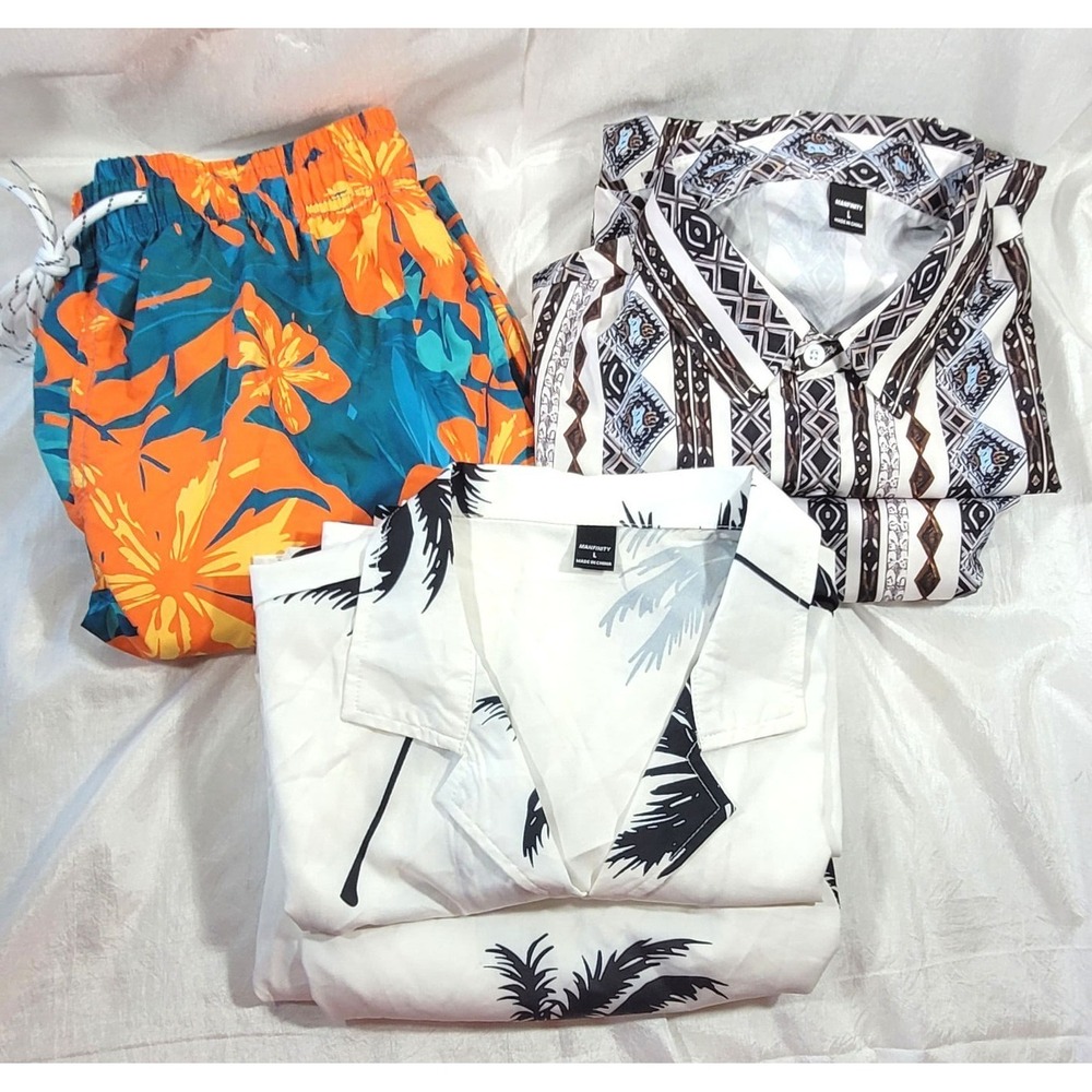 Shein Manfinity LOT: 2 Shorts & Shirt Sets, 1 Swim Trunks - Large - NWOT